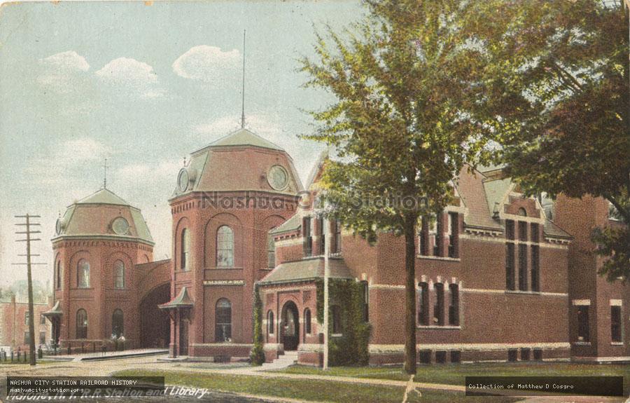Postcard: Malone, New York.  Railroad Station and Library